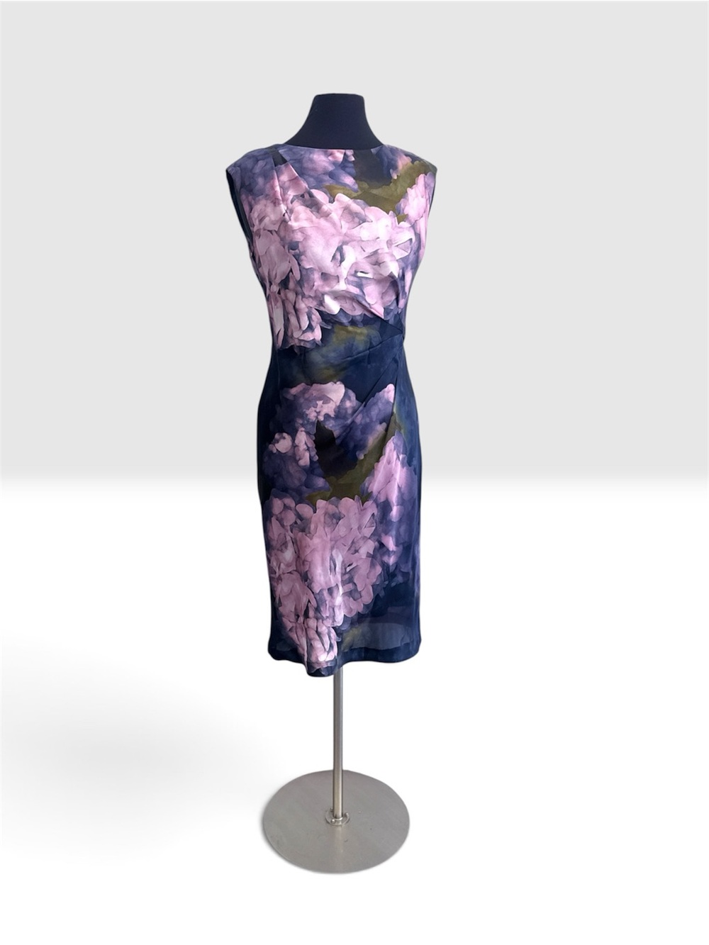 Silk Navy & Pink Watercolor Floral Dress Pleated Hip & Shoulder